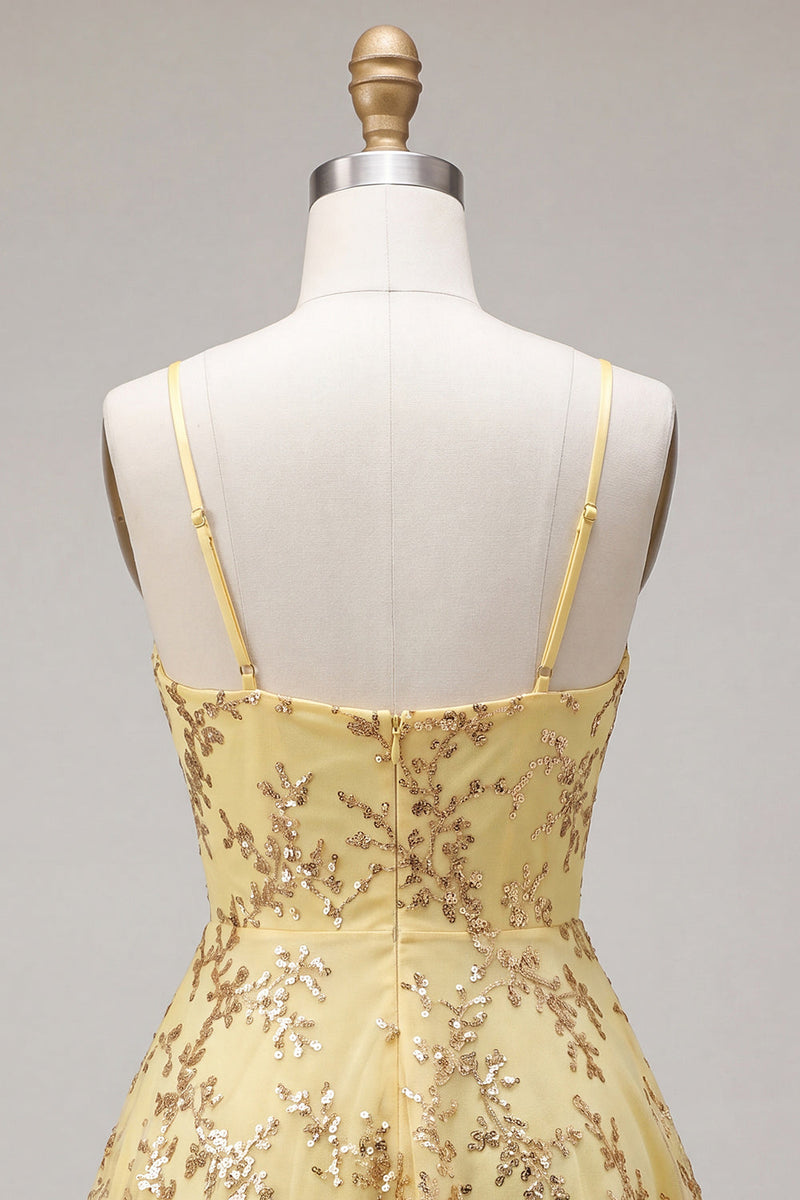 Load image into Gallery viewer, Sparkly Yellow Sequin Spaghetti Straps A-Line Short Cocktail Dress