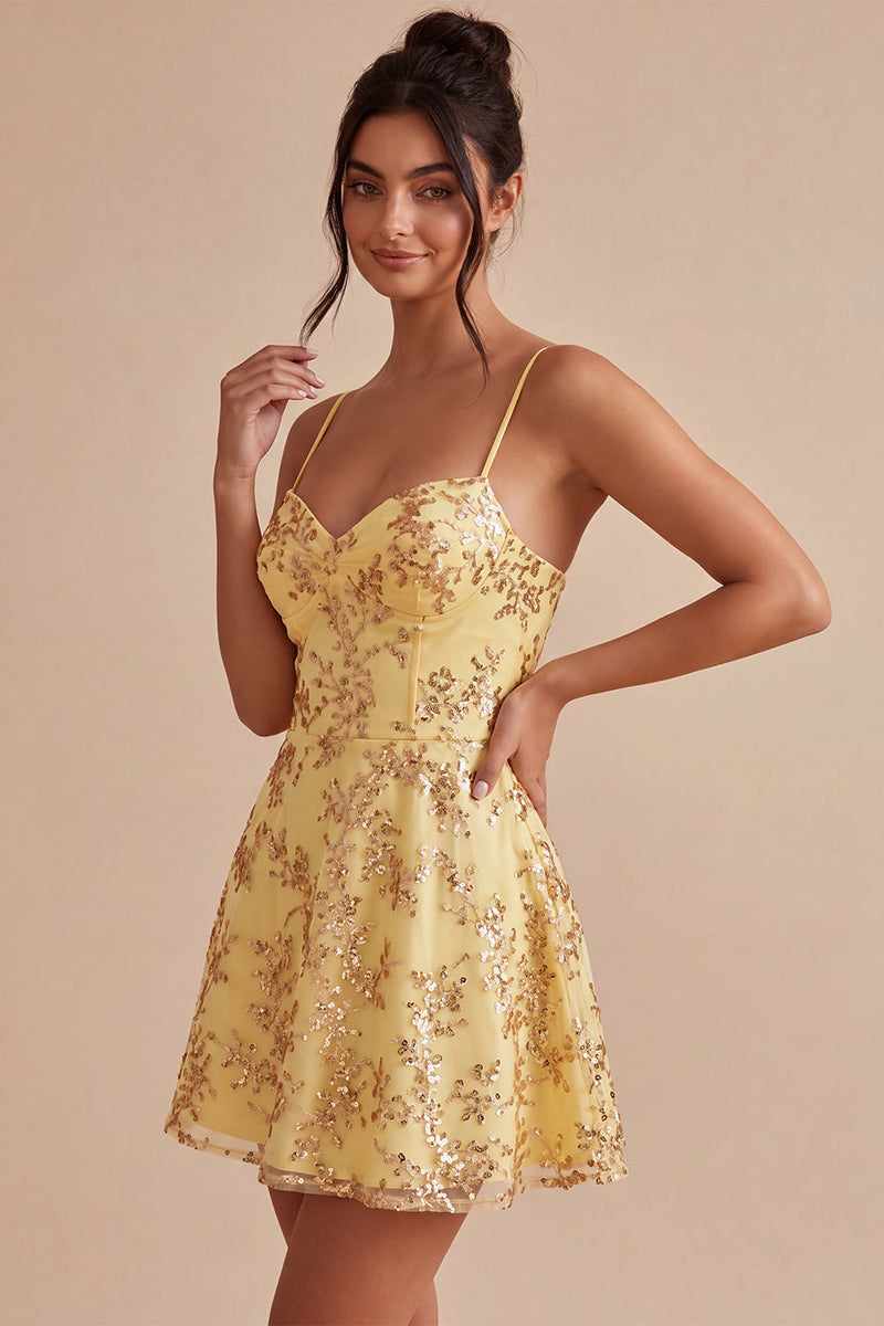 Load image into Gallery viewer, Sparkly Yellow Sequin Spaghetti Straps A-Line Short Cocktail Dress