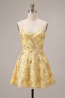 Load image into Gallery viewer, Sparkly Yellow Sequin Spaghetti Straps A-Line Short Cocktail Dress