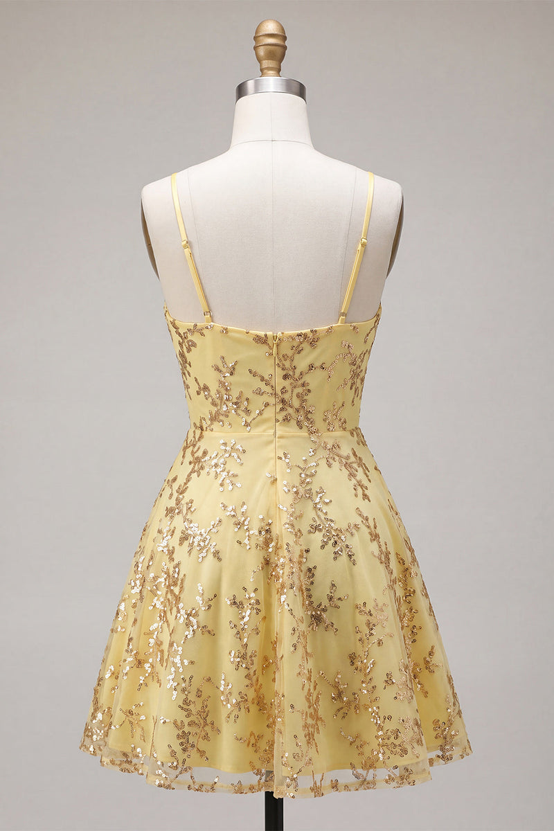 Load image into Gallery viewer, Sparkly Yellow Sequin Spaghetti Straps A-Line Short Cocktail Dress