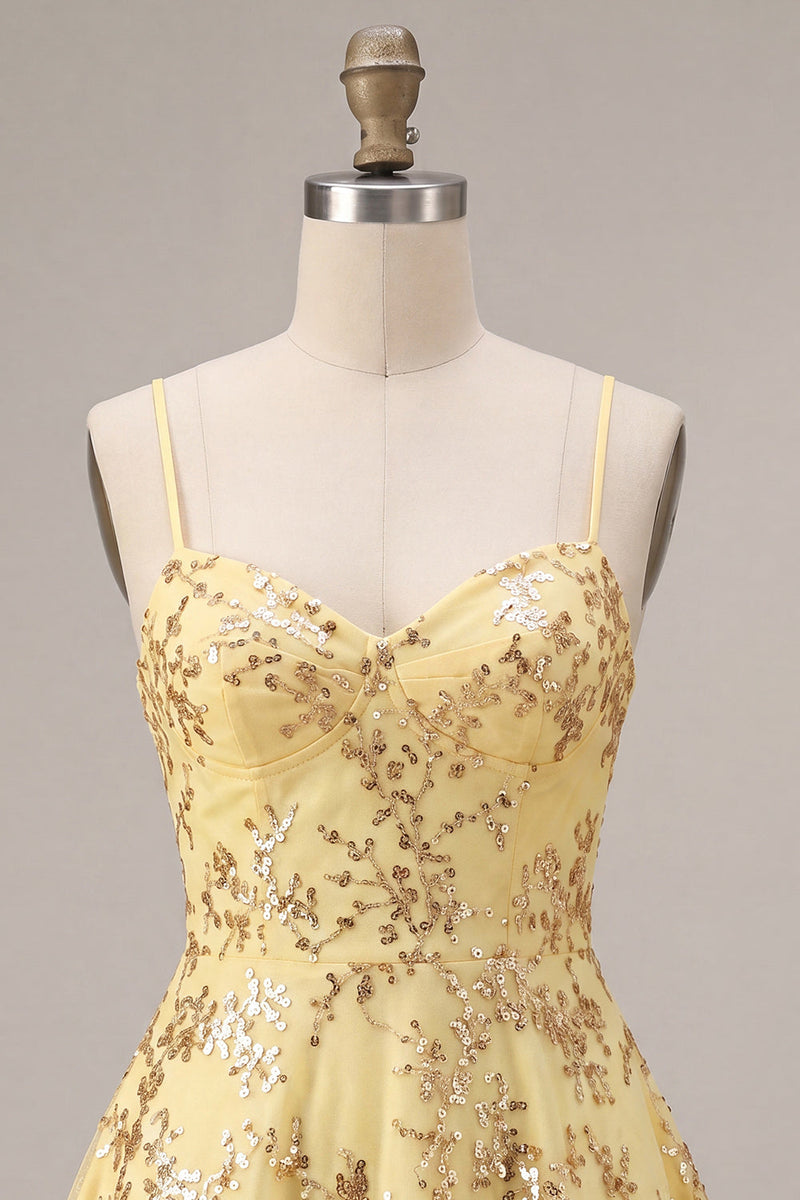 Load image into Gallery viewer, Sparkly Yellow Sequin Spaghetti Straps A-Line Short Cocktail Dress
