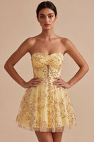 Load image into Gallery viewer, Corset Yellow Sparkly Sequin A-Line Short Cocktail Dress