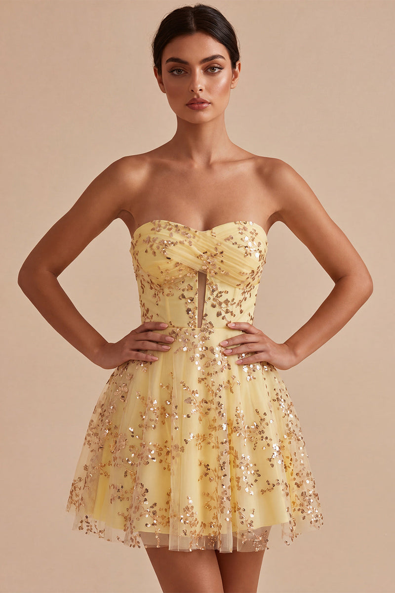 Load image into Gallery viewer, Corset Yellow Sparkly Sequin A-Line Short Cocktail Dress