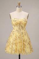 Load image into Gallery viewer, Corset Yellow Sparkly Sequin A-Line Short Cocktail Dress