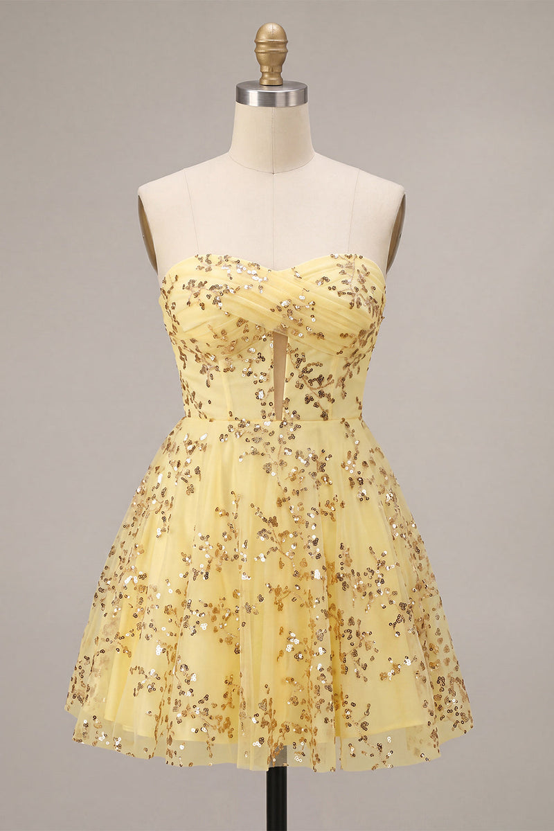 Load image into Gallery viewer, Corset Yellow Sparkly Sequin A-Line Short Cocktail Dress