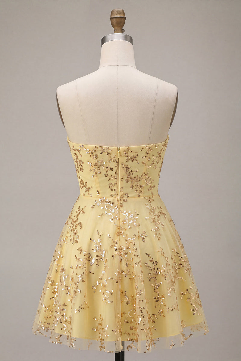 Load image into Gallery viewer, Corset Yellow Sparkly Sequin A-Line Short Cocktail Dress