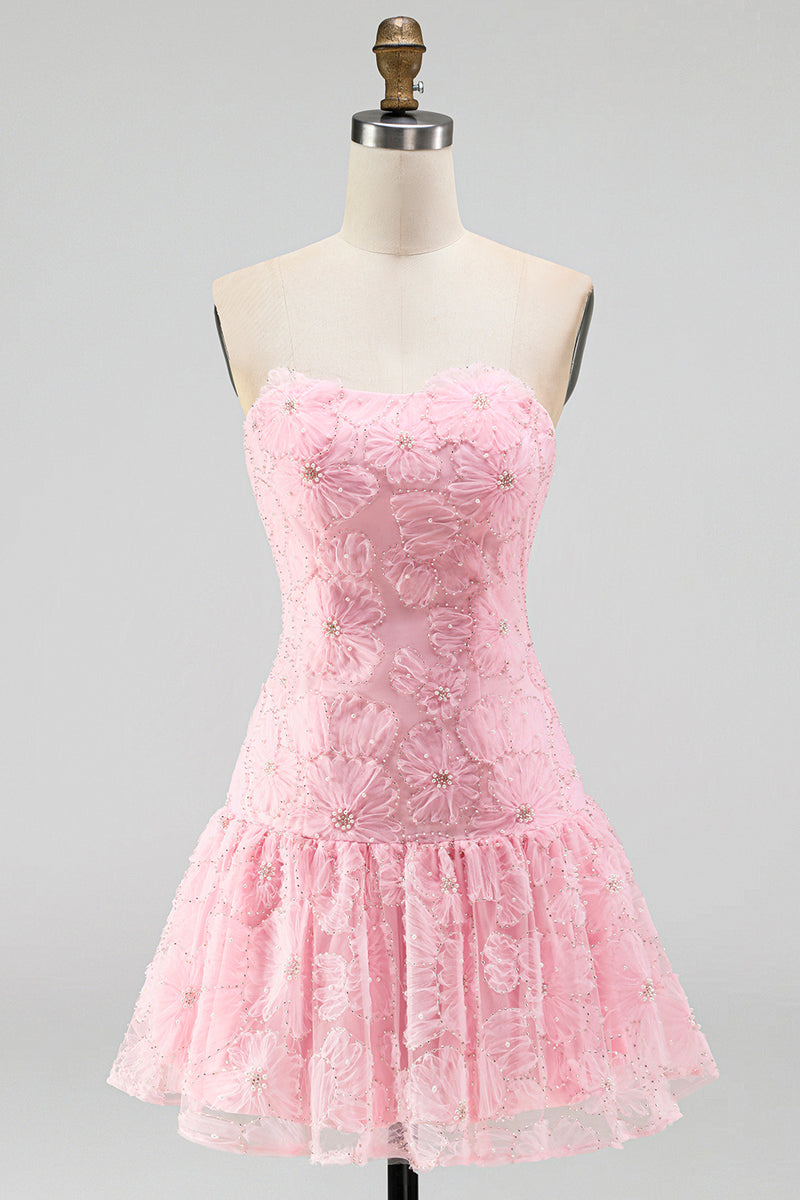 Load image into Gallery viewer, Floral Pink Beaded A-Line Short Cocktail Dress