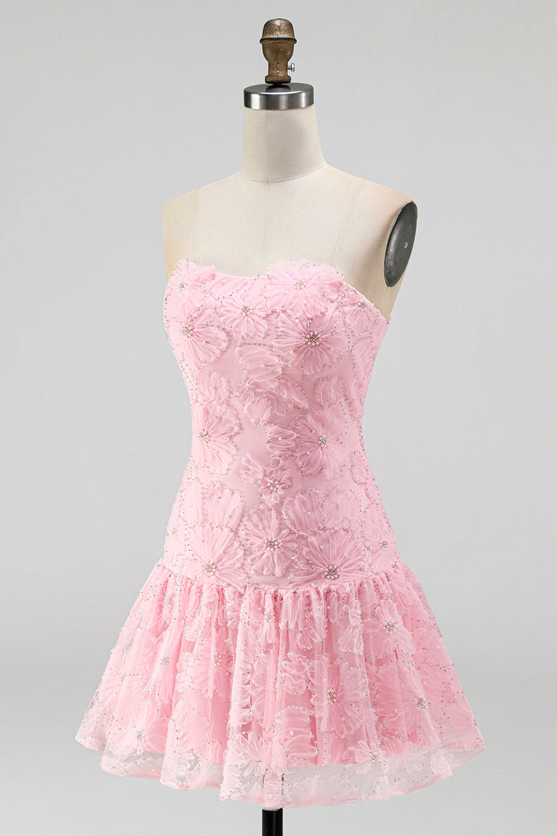 Load image into Gallery viewer, Floral Pink Beaded A-Line Short Cocktail Dress