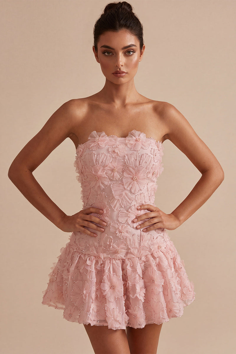 Load image into Gallery viewer, Floral Pink Beaded A-Line Short Cocktail Dress