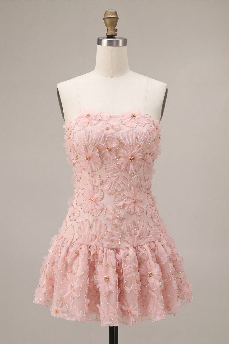 Load image into Gallery viewer, Floral Pink Beaded A-Line Short Cocktail Dress
