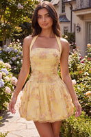 Load image into Gallery viewer, Floral Yellow Halter A-Line Short Corset Cocktail Dress