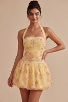 Load image into Gallery viewer, Floral Yellow Halter A-Line Short Corset Cocktail Dress