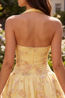 Load image into Gallery viewer, Floral Yellow Halter A-Line Short Corset Cocktail Dress