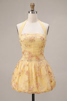 Load image into Gallery viewer, Floral Yellow Halter A-Line Short Corset Cocktail Dress