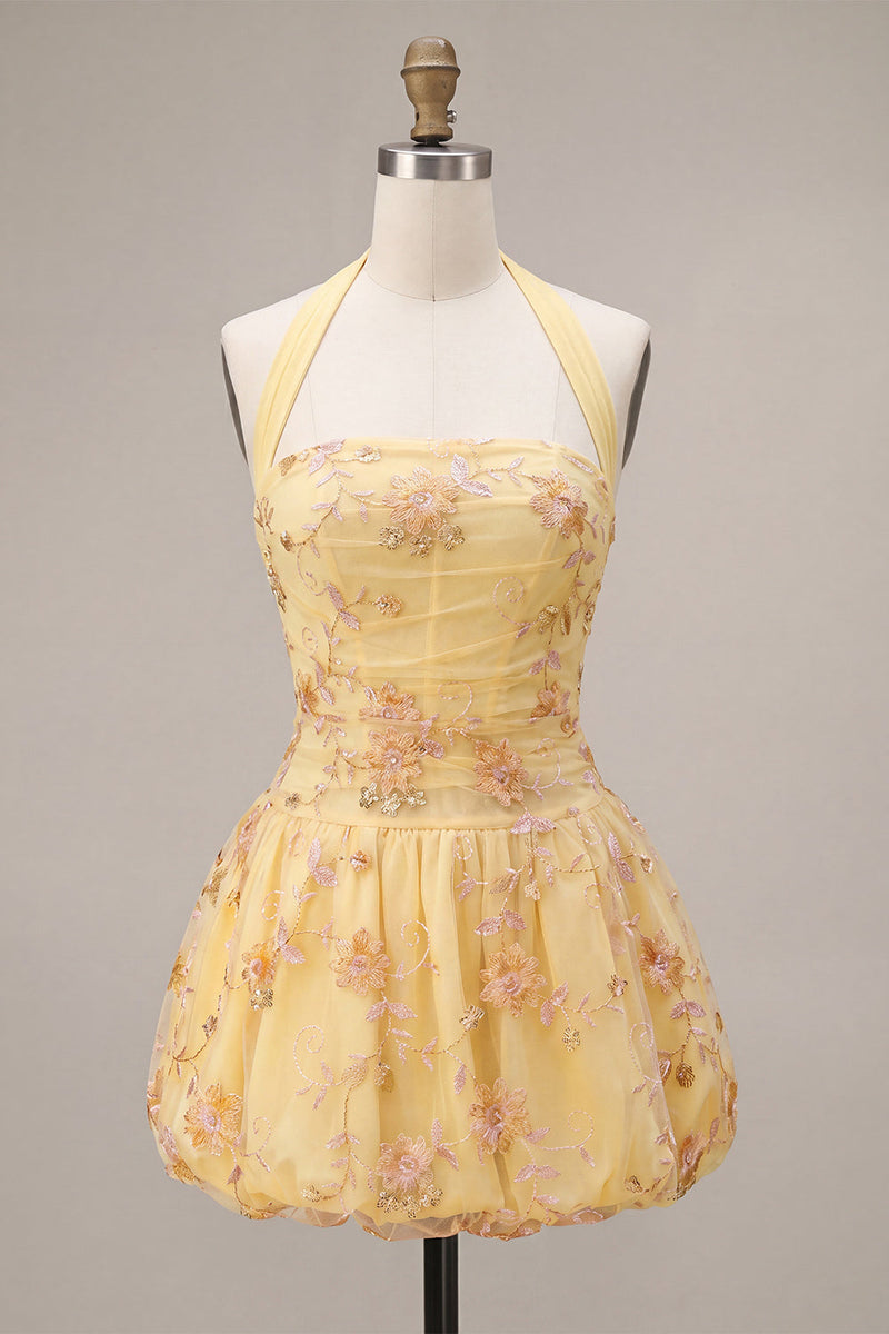 Load image into Gallery viewer, Floral Yellow Halter A-Line Short Corset Cocktail Dress