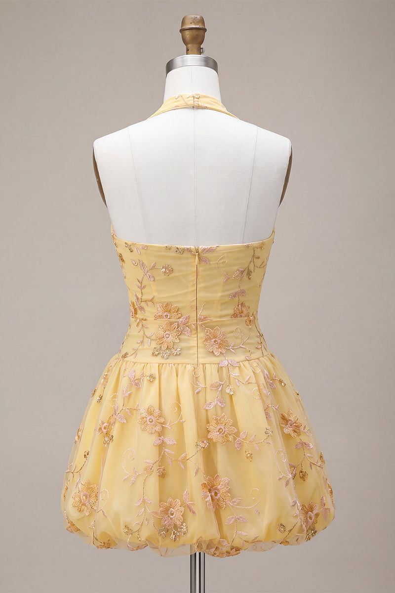 Load image into Gallery viewer, Floral Yellow Halter A-Line Short Corset Cocktail Dress