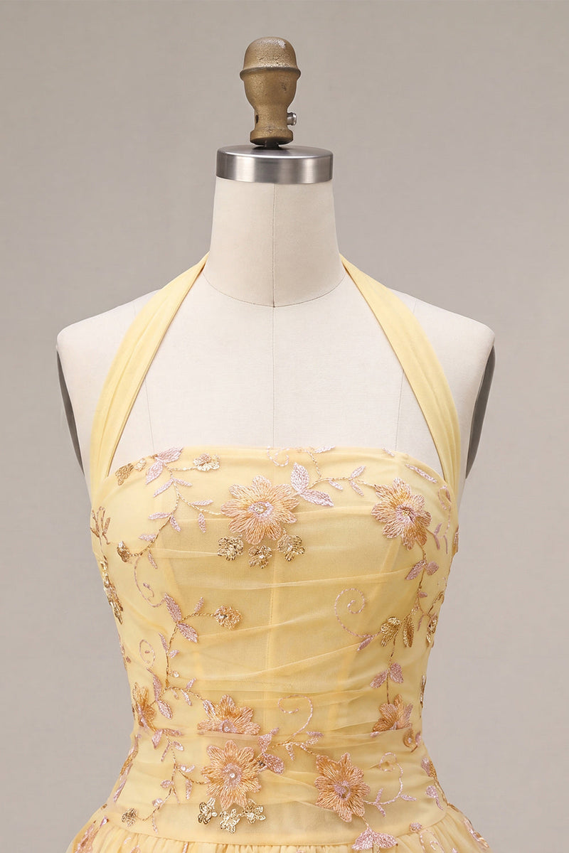 Load image into Gallery viewer, Floral Yellow Halter A-Line Short Corset Cocktail Dress