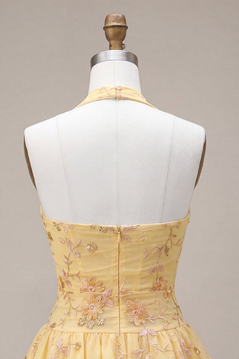 Load image into Gallery viewer, Floral Yellow Halter A-Line Short Corset Cocktail Dress
