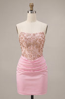 Load image into Gallery viewer, Sparkly Pink Ruched Corset Short Cocktail Dress with Rhinestones