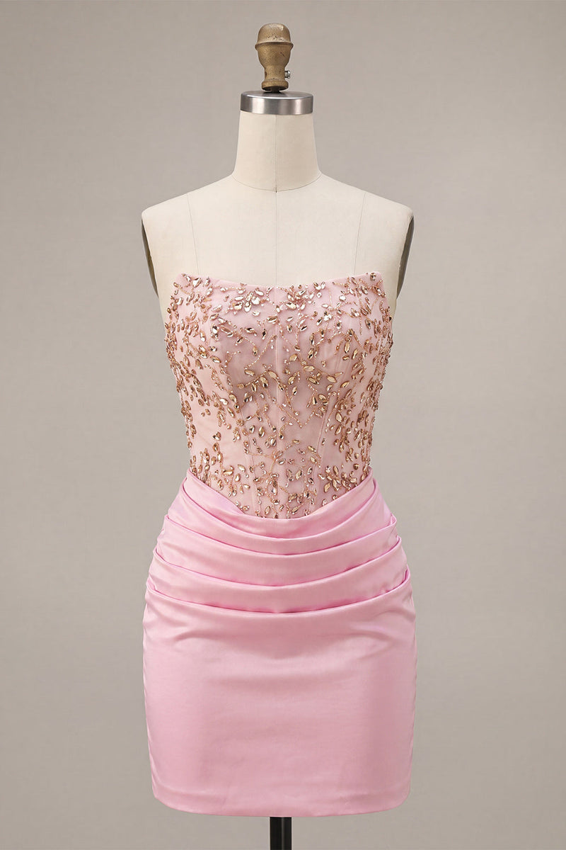 Load image into Gallery viewer, Sparkly Pink Ruched Corset Short Cocktail Dress with Rhinestones