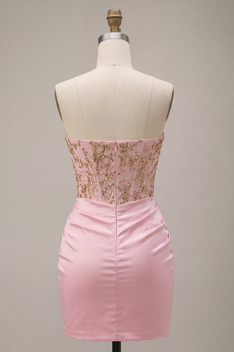 Load image into Gallery viewer, Sparkly Pink Ruched Corset Short Cocktail Dress with Rhinestones