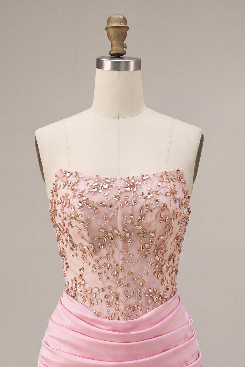 Load image into Gallery viewer, Sparkly Pink Ruched Corset Short Cocktail Dress with Rhinestones