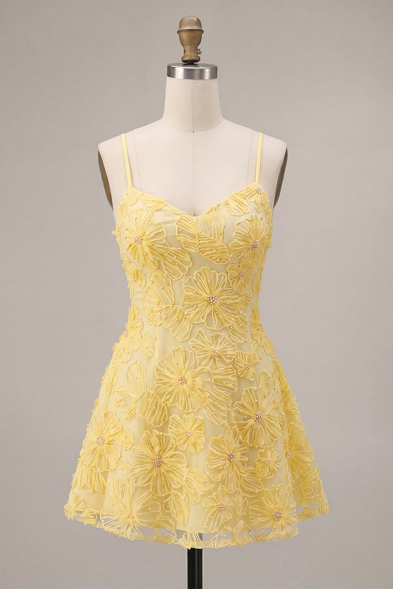 Load image into Gallery viewer, Floral Yellow Beaded A-Line Short Cocktail Dress