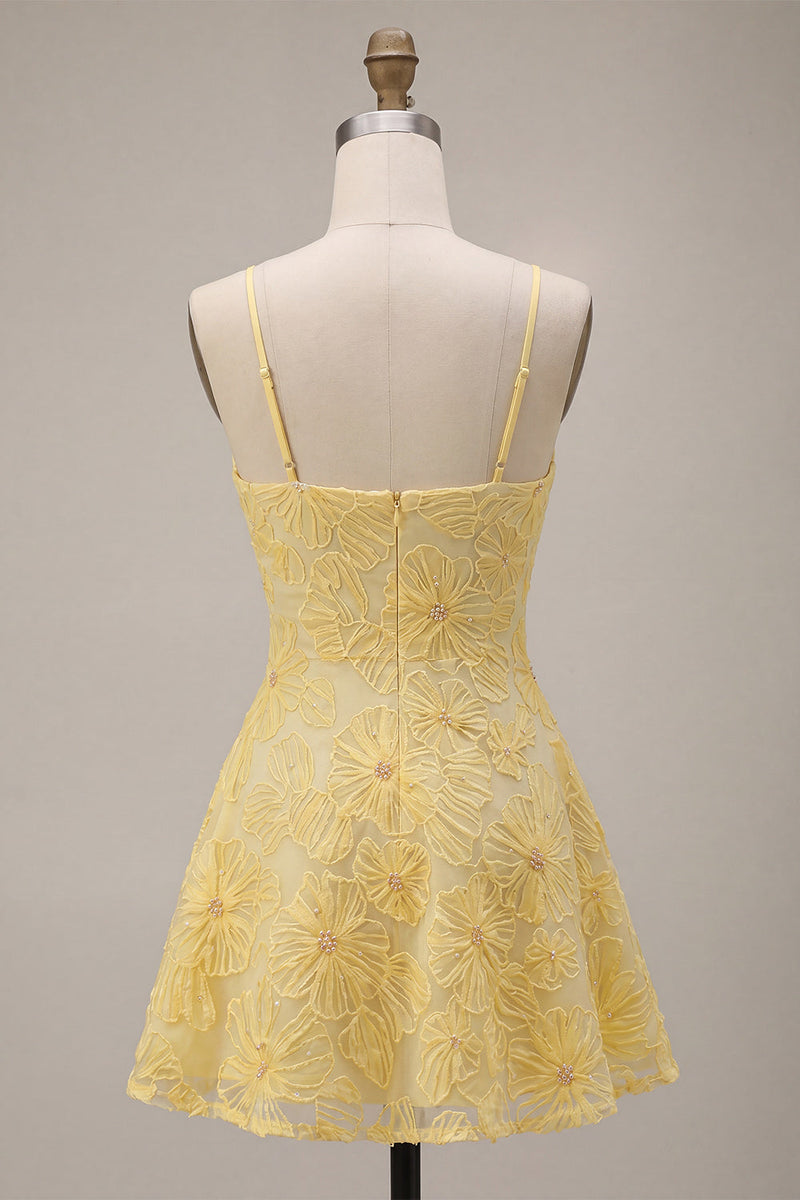 Load image into Gallery viewer, Floral Yellow Beaded A-Line Short Cocktail Dress