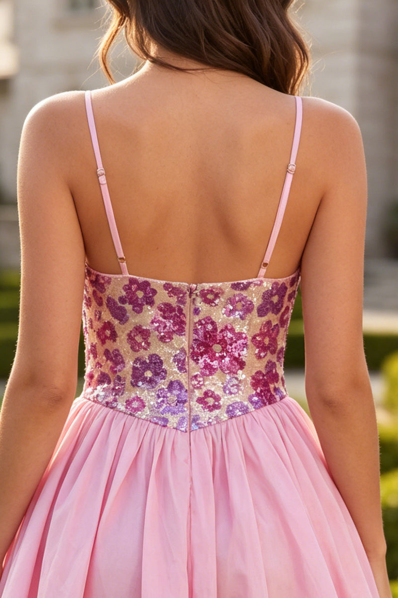 Load image into Gallery viewer, Sparkly Pink Floral Sequin A-Line Short Cocktail Dress