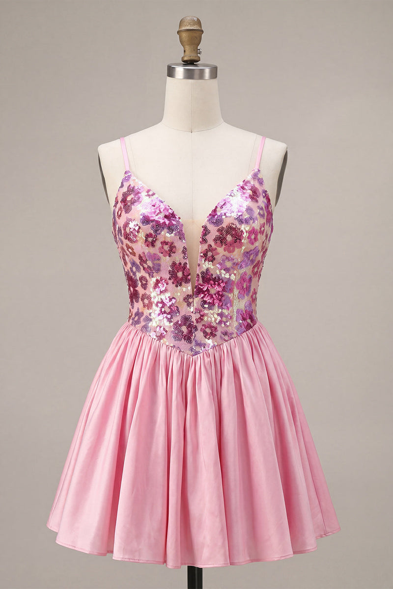 Load image into Gallery viewer, Sparkly Pink Floral Sequin A-Line Short Cocktail Dress