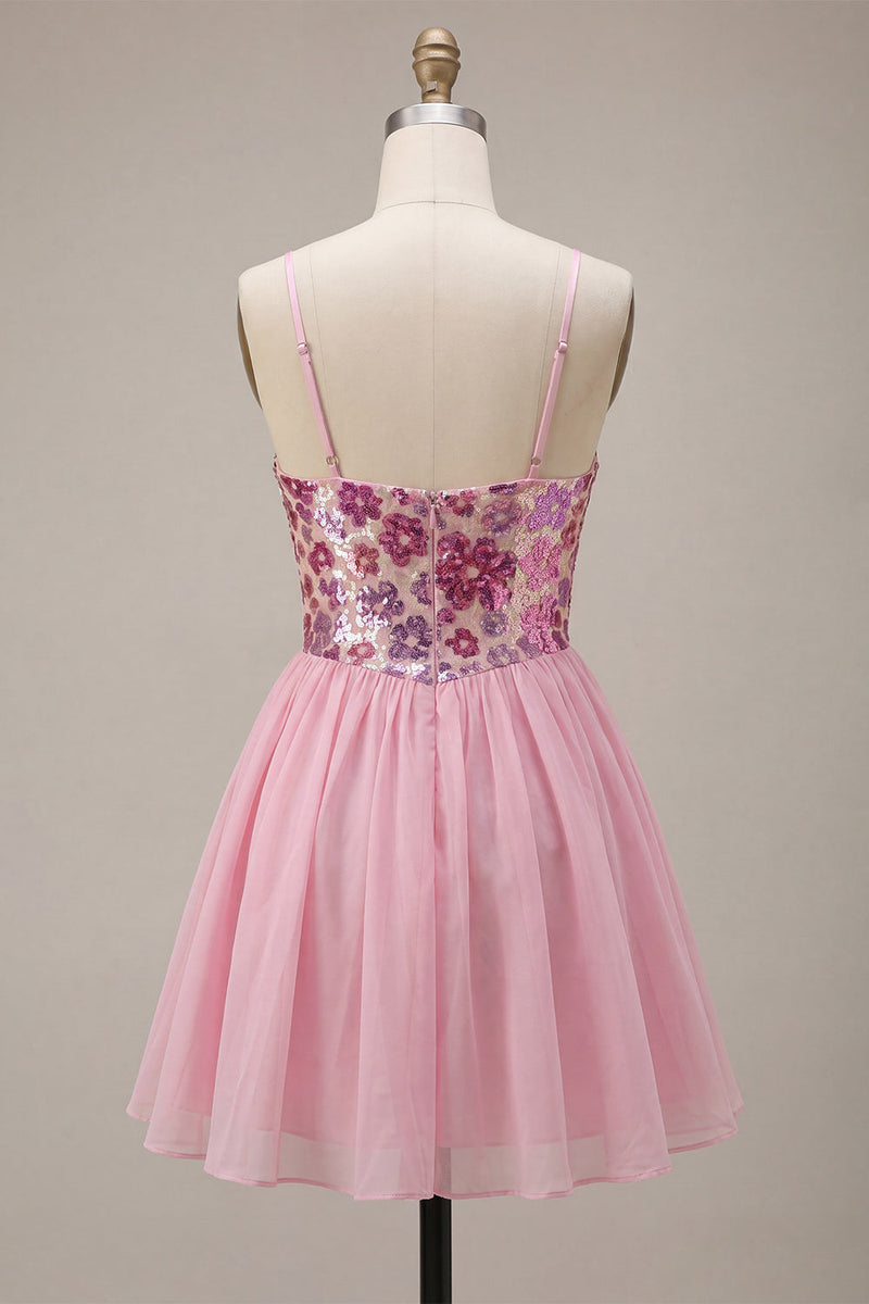 Load image into Gallery viewer, Sparkly Pink Floral Sequin A-Line Short Cocktail Dress