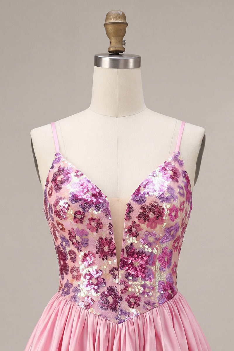 Load image into Gallery viewer, Sparkly Pink Floral Sequin A-Line Short Cocktail Dress