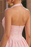 Load image into Gallery viewer, Floral Pink Jacquard Halter A-Line Short Cocktail Dress