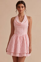 Load image into Gallery viewer, Floral Pink Jacquard Halter A-Line Short Cocktail Dress