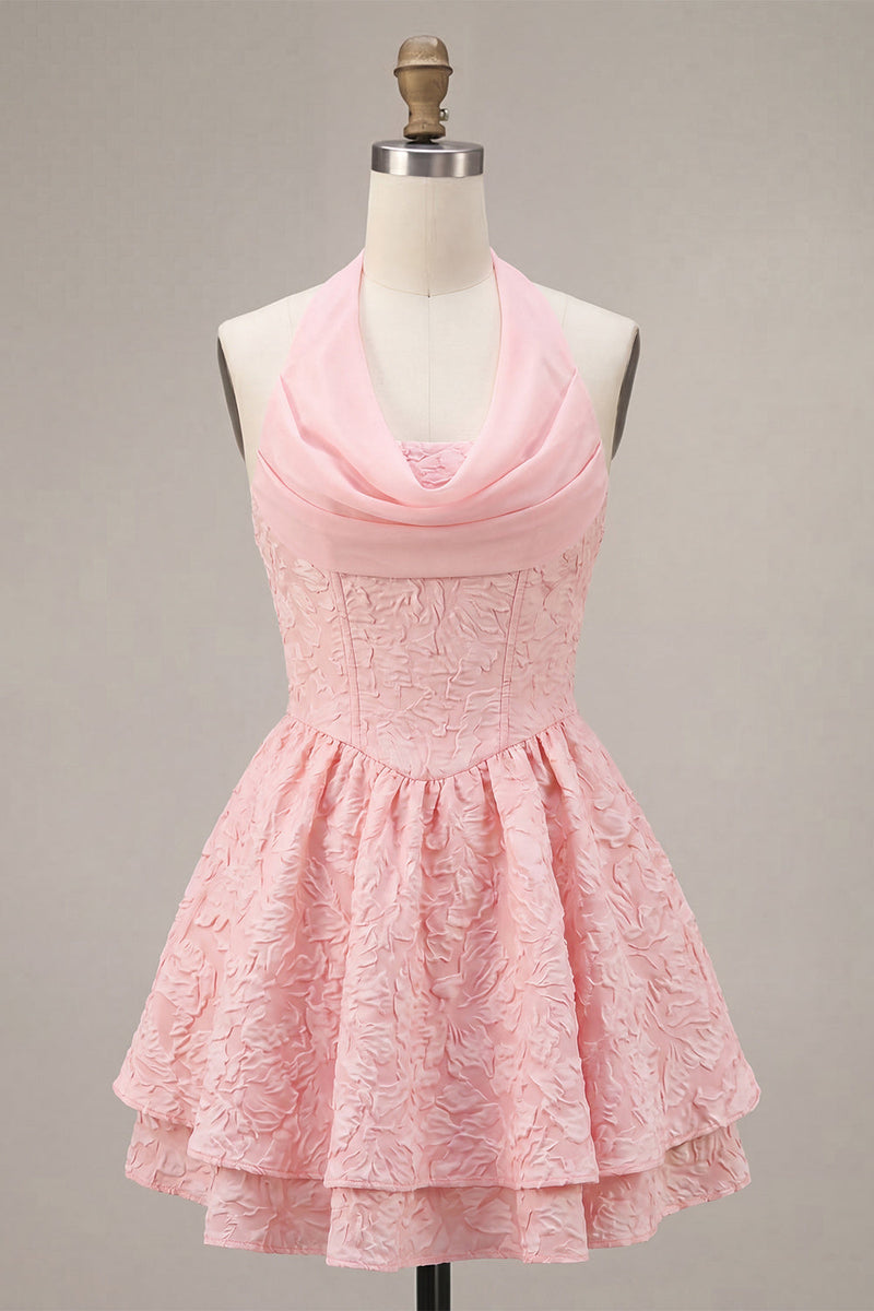 Load image into Gallery viewer, Floral Pink Jacquard Halter A-Line Short Cocktail Dress