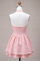 Load image into Gallery viewer, Floral Pink Jacquard Halter A-Line Short Cocktail Dress