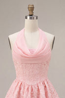Load image into Gallery viewer, Floral Pink Jacquard Halter A-Line Short Cocktail Dress