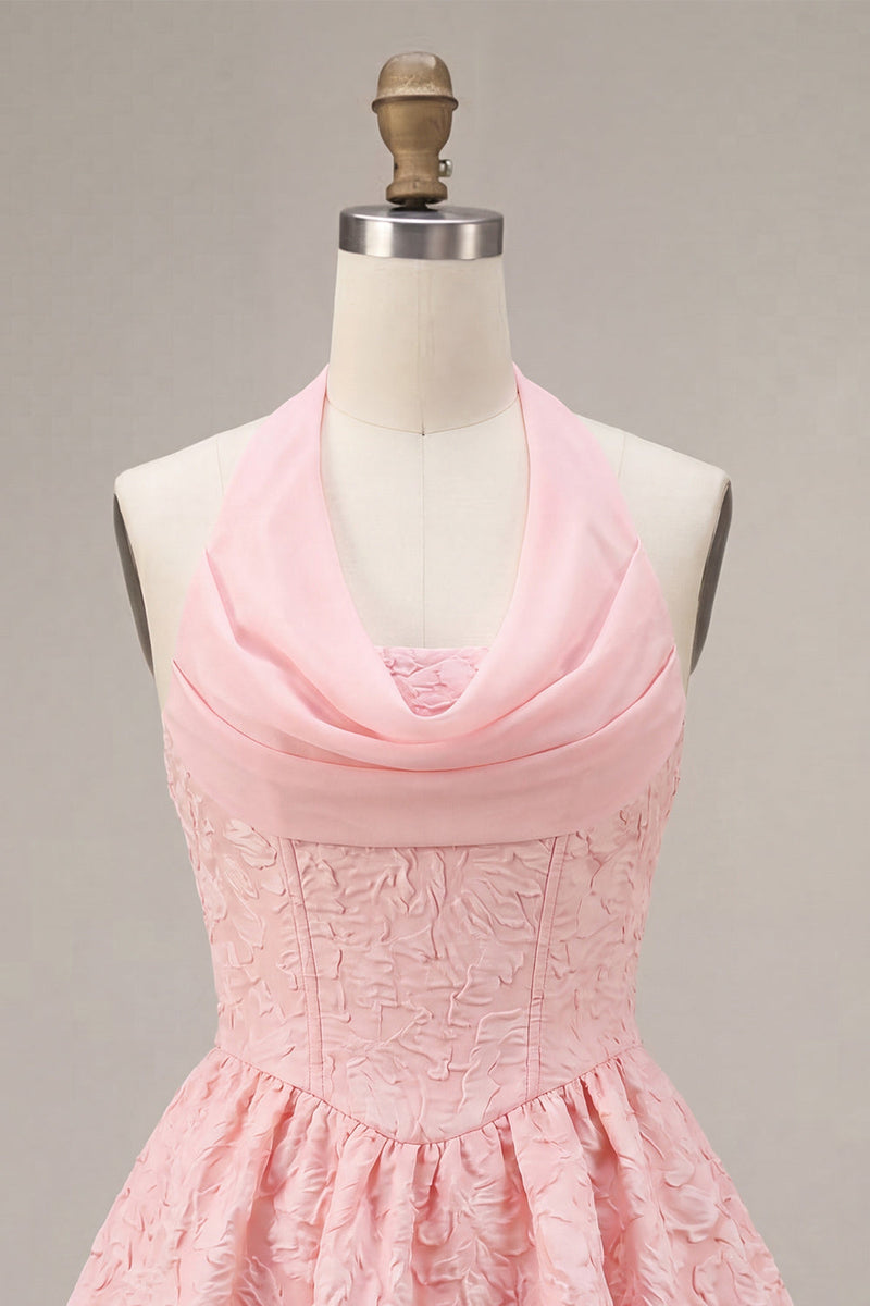 Load image into Gallery viewer, Floral Pink Jacquard Halter A-Line Short Cocktail Dress