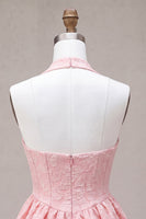 Load image into Gallery viewer, Floral Pink Jacquard Halter A-Line Short Cocktail Dress