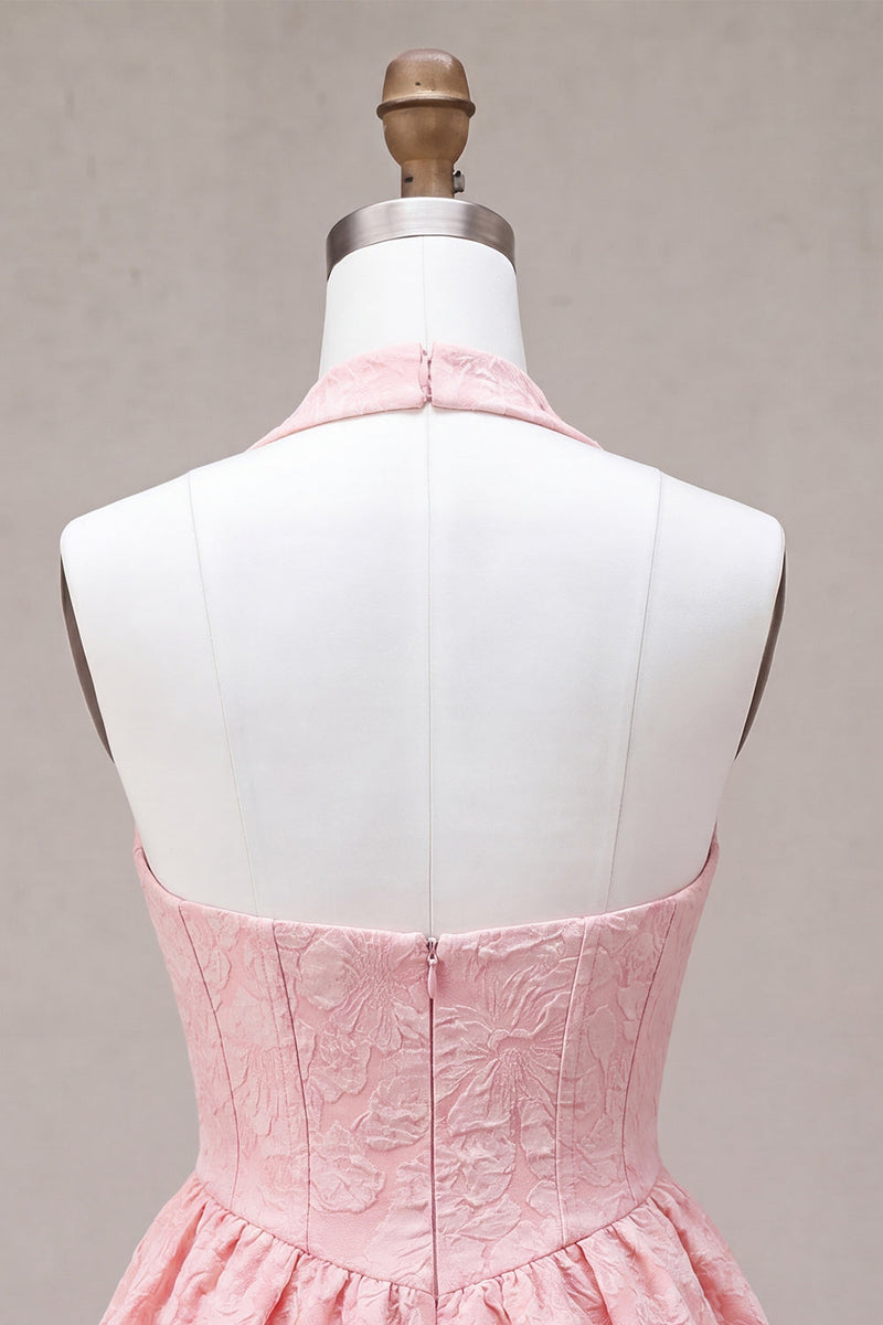 Load image into Gallery viewer, Floral Pink Jacquard Halter A-Line Short Cocktail Dress