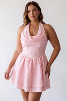 Load image into Gallery viewer, Floral Pink Jacquard Halter A-Line Short Cocktail Dress
