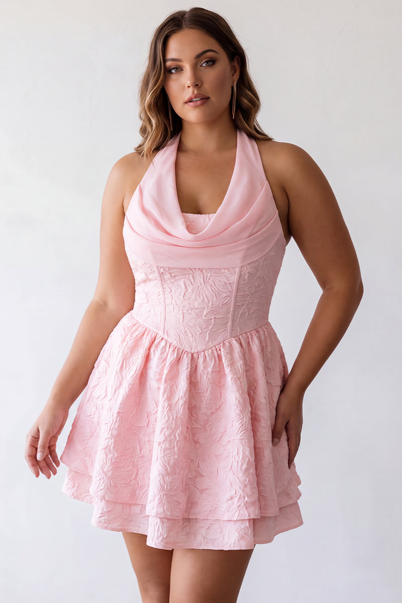 Load image into Gallery viewer, Floral Pink Jacquard Halter A-Line Short Cocktail Dress