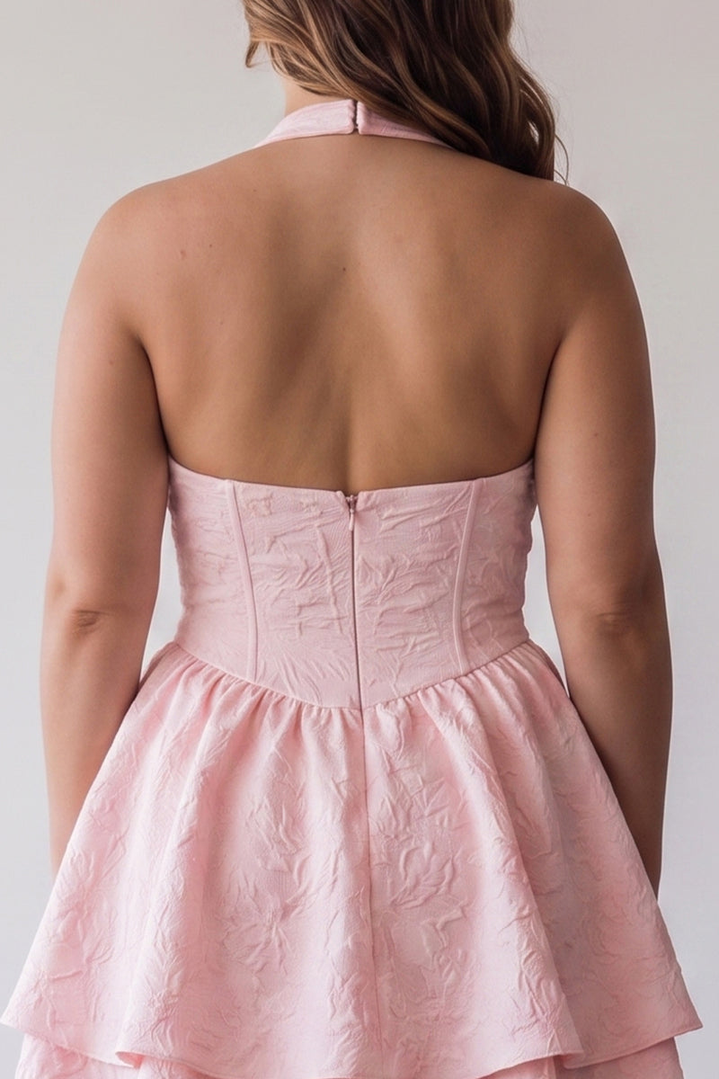 Load image into Gallery viewer, Floral Pink Jacquard Halter A-Line Short Cocktail Dress