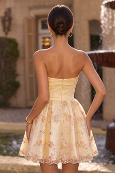 Sparkly Floral Light Yellow Sequin A-Line Short Cocktail Dress
