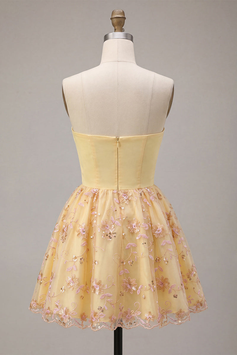 Load image into Gallery viewer, Sparkly Floral Light Yellow Sequin A-Line Short Cocktail Dress