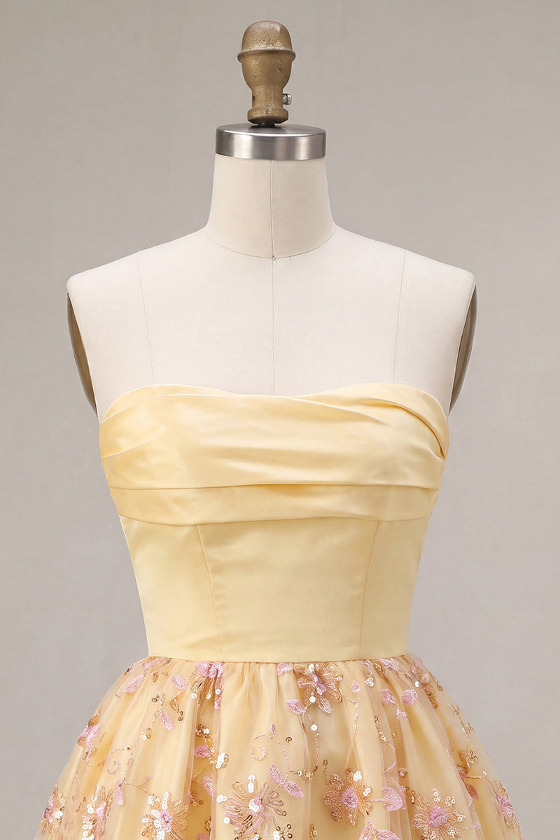 Load image into Gallery viewer, Sparkly Floral Light Yellow Sequin A-Line Short Cocktail Dress
