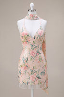 Load image into Gallery viewer, Sparkly White Pink Flower Tight Sequin Fringed Short Cocktail Dress