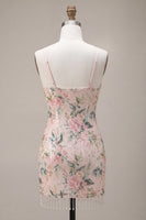 Load image into Gallery viewer, Sparkly White Pink Flower Tight Sequin Fringed Short Cocktail Dress