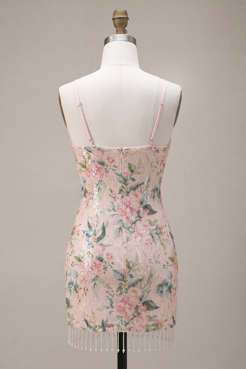 Load image into Gallery viewer, Sparkly White Pink Flower Tight Sequin Fringed Short Cocktail Dress