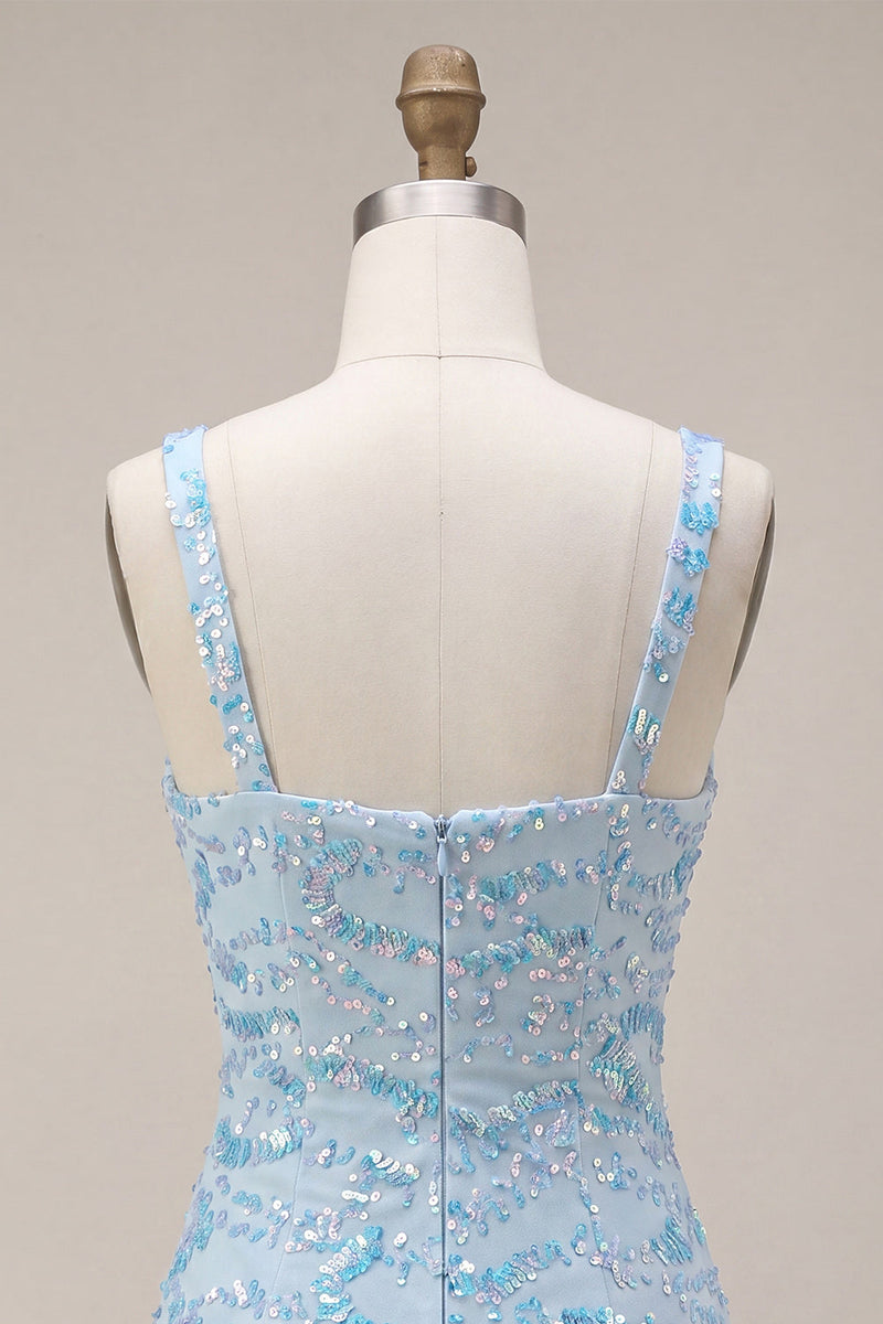 Load image into Gallery viewer, Sparkly Sky Blue Sequin Tight Short Cocktail Dress with Slit